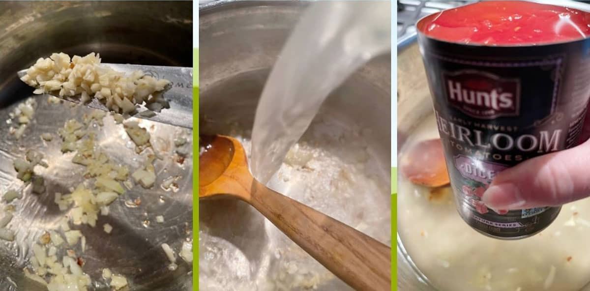photo collage of steps to make feta tomato orzo soup 2