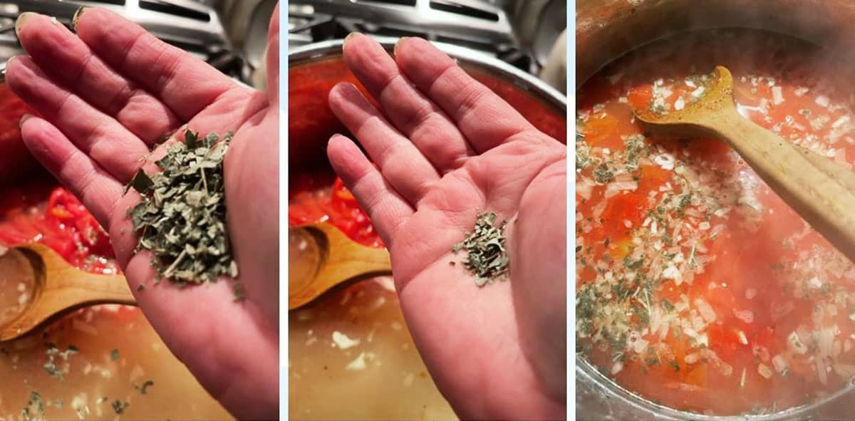 photo collage of steps to make feta tomato orzo soup 3