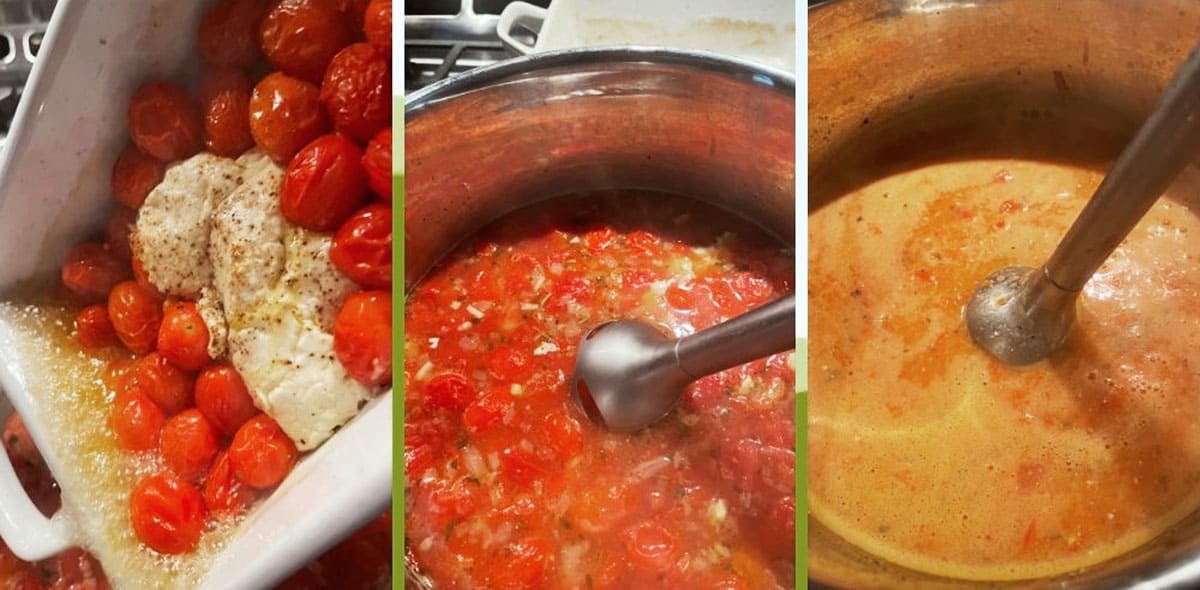 photo collage of steps to make feta tomato orzo soup 4