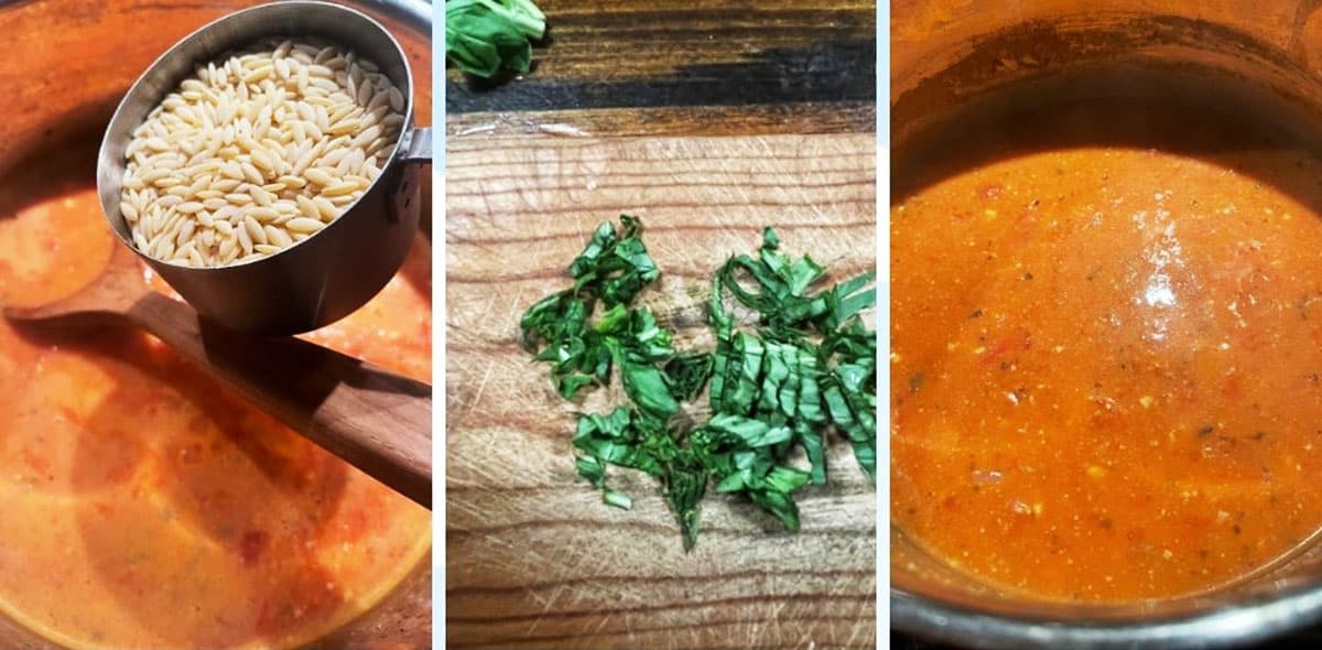 photo collage of steps to make feta tomato orzo soup 6