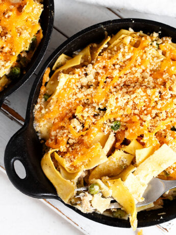 tuna casserole in two mini cast iron skillets