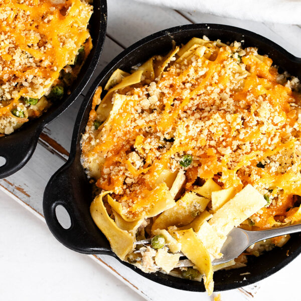 tuna casserole in two mini cast iron skillets