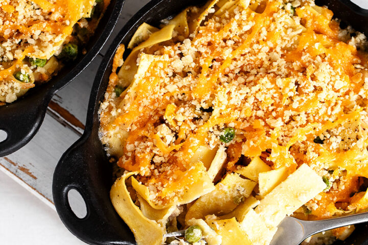 tuna casserole in two mini cast iron skillets