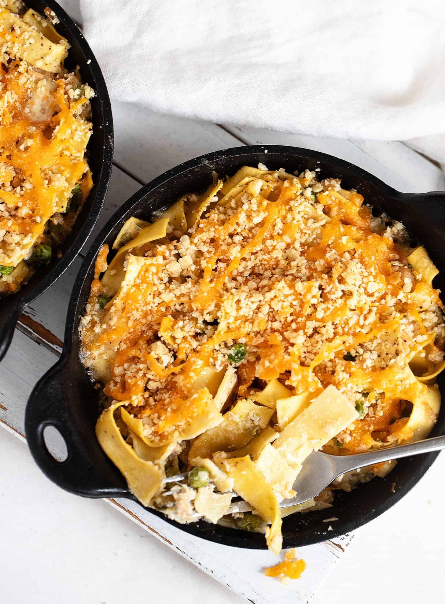 tuna casserole in two mini cast iron skillets