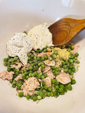 tuna casserole filling ingredients in bowl