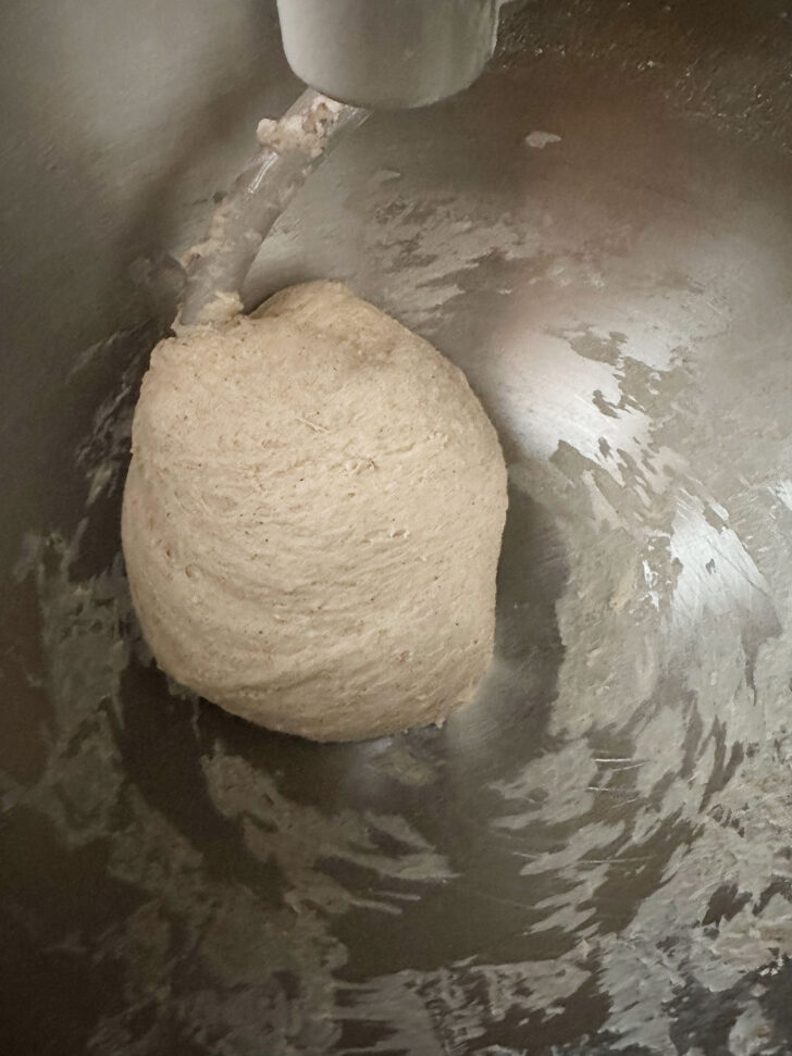 FInished bagel dough in mixer bowl.
