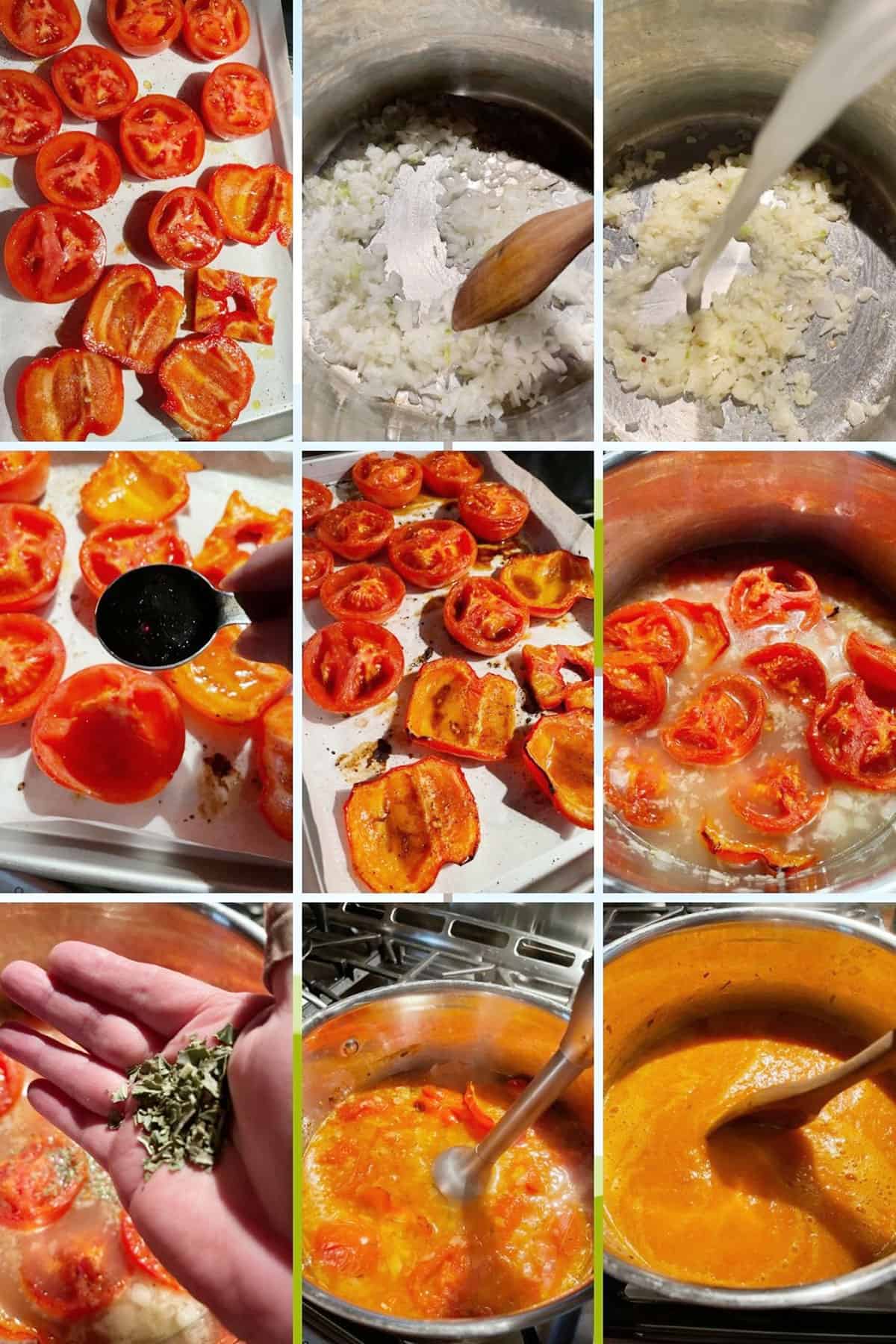photo collage of steps to make roasted tomato red pepper soup