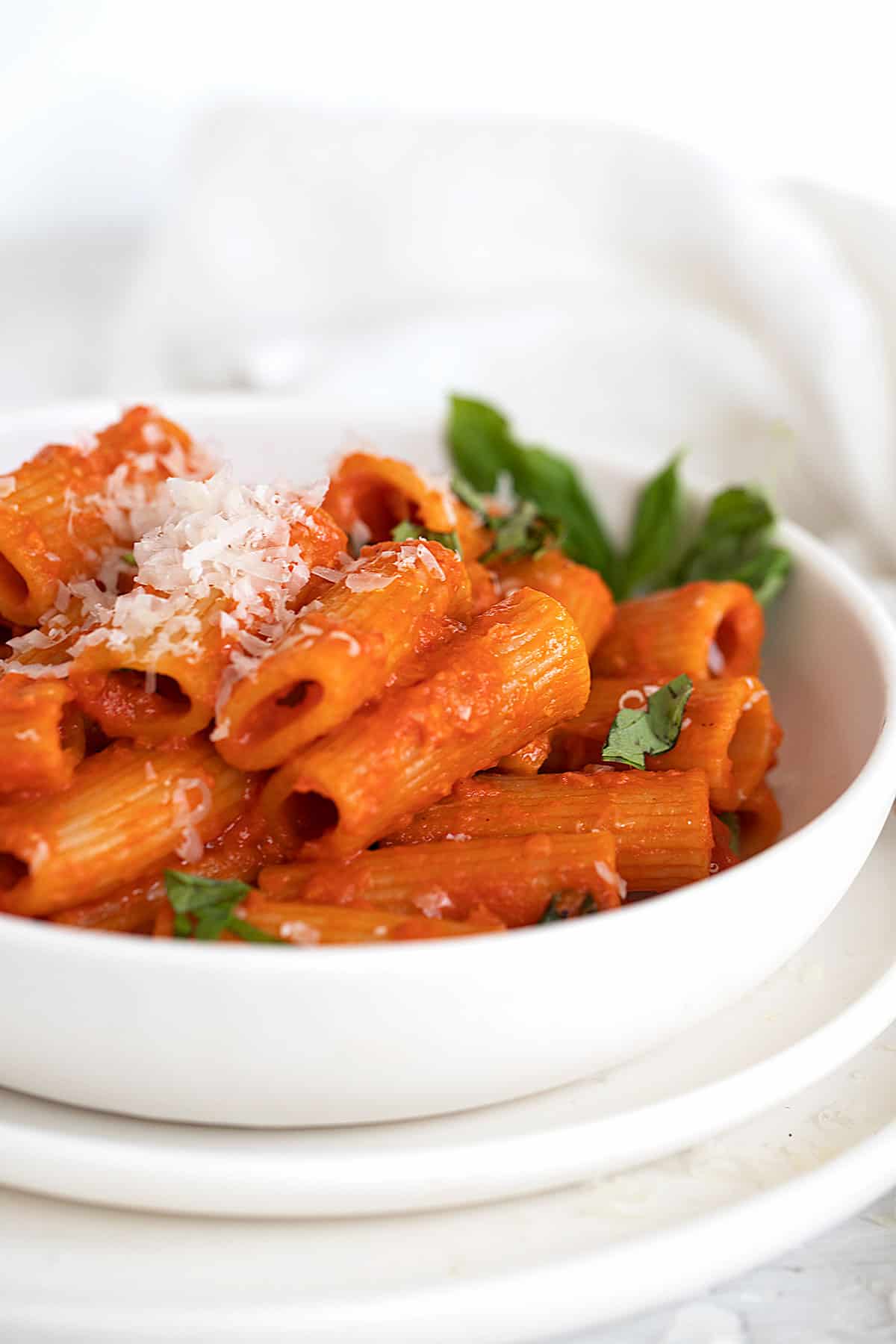 spicy rigatoni vodka in white bowl