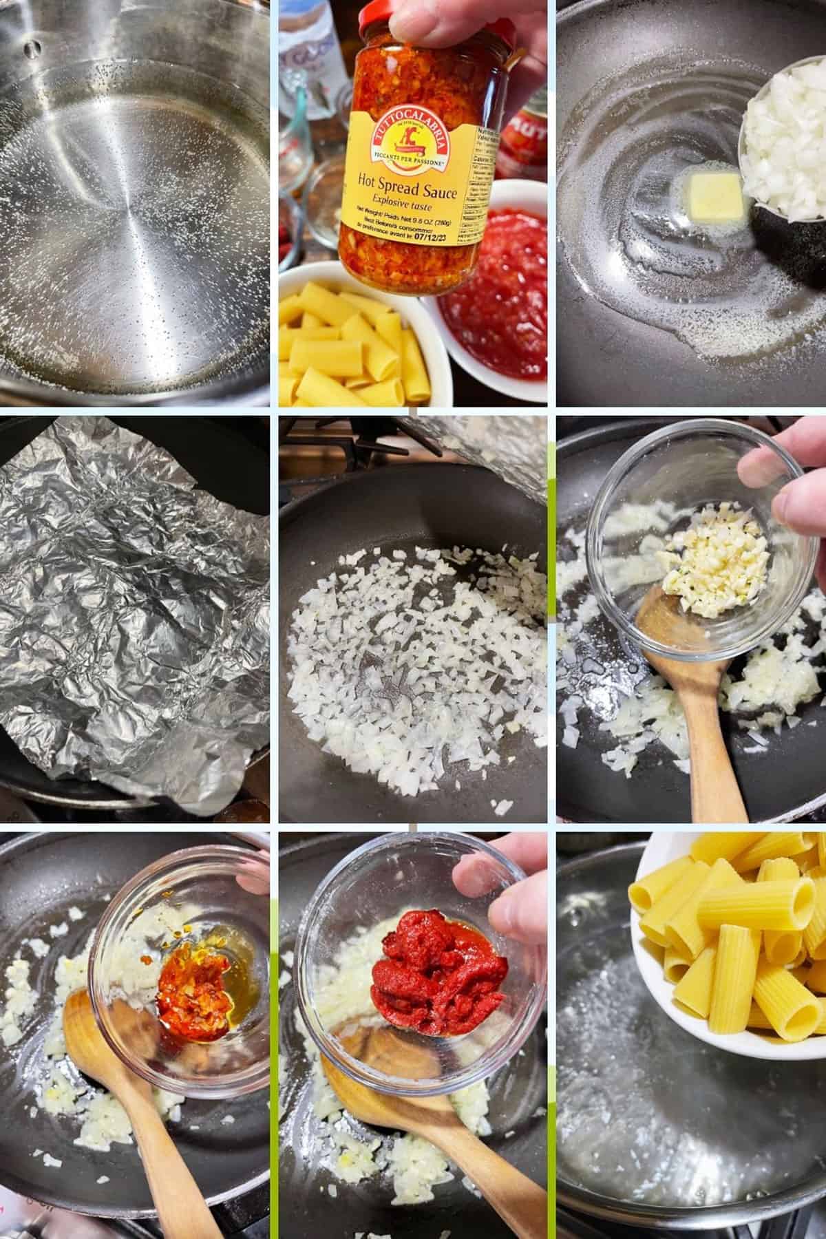 photo collage of steps to make spicy vodka pasta 1