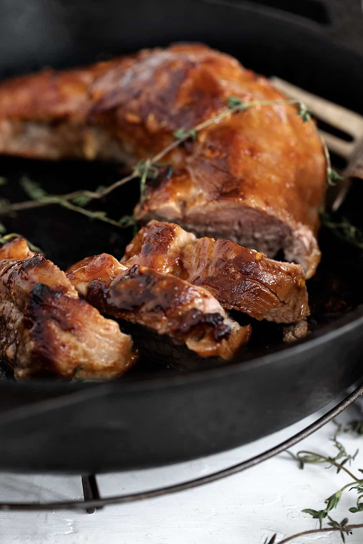 marinated pork tenderloin in cast iron skillet