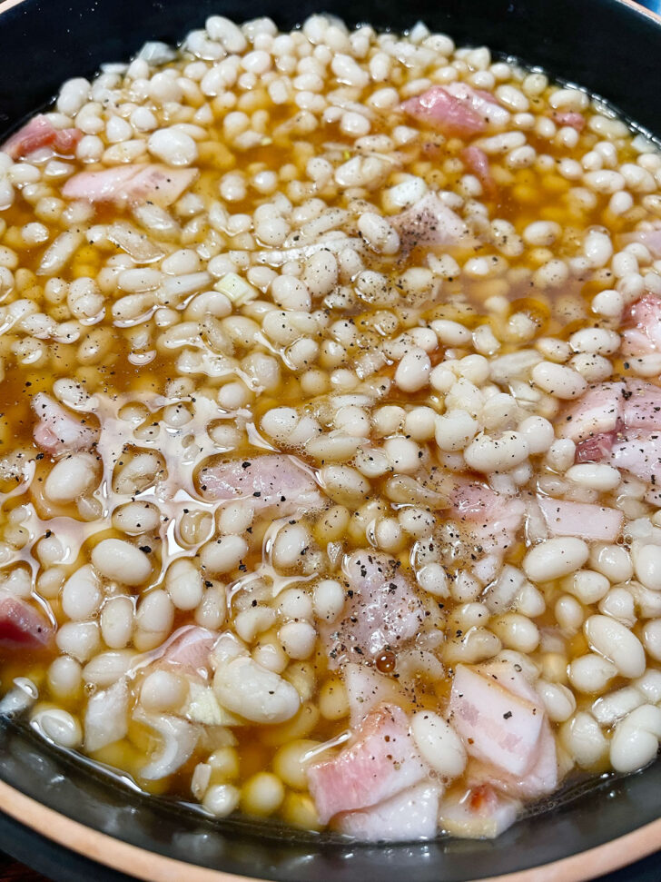 Beans after pouring over the maple mixture and hot water.