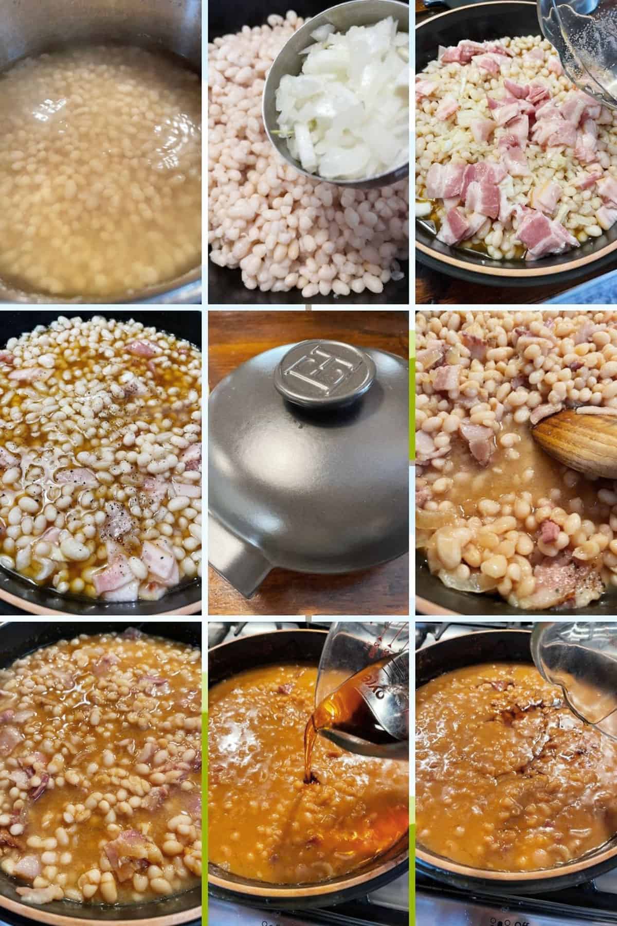 photo collage of steps to make maple baked beans