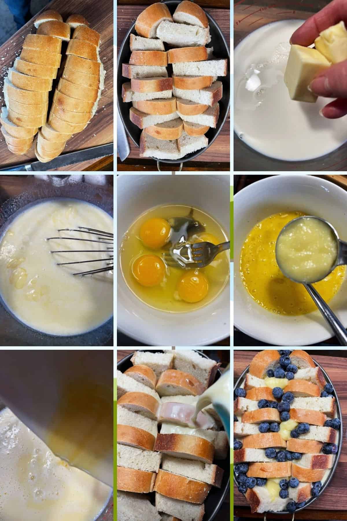 photo collage of steps to make blueberry lemon bread pudding
