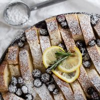 blueberry lemon bread pudding in pan
