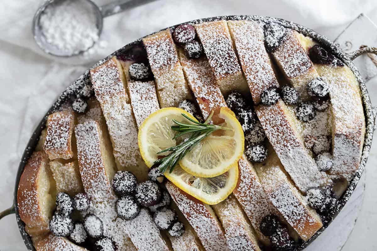 blueberry lemon bread pudding in pan