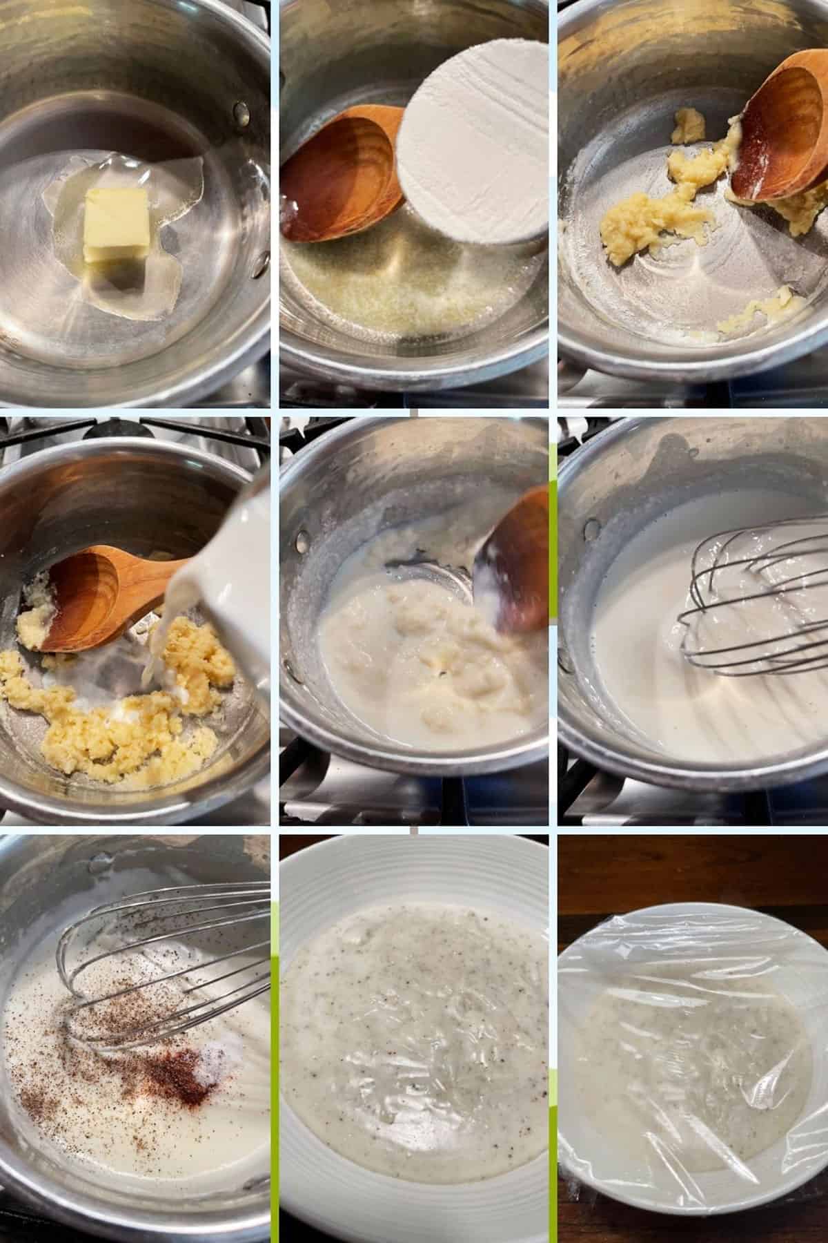 photo collage of steps to make bechamel sauce