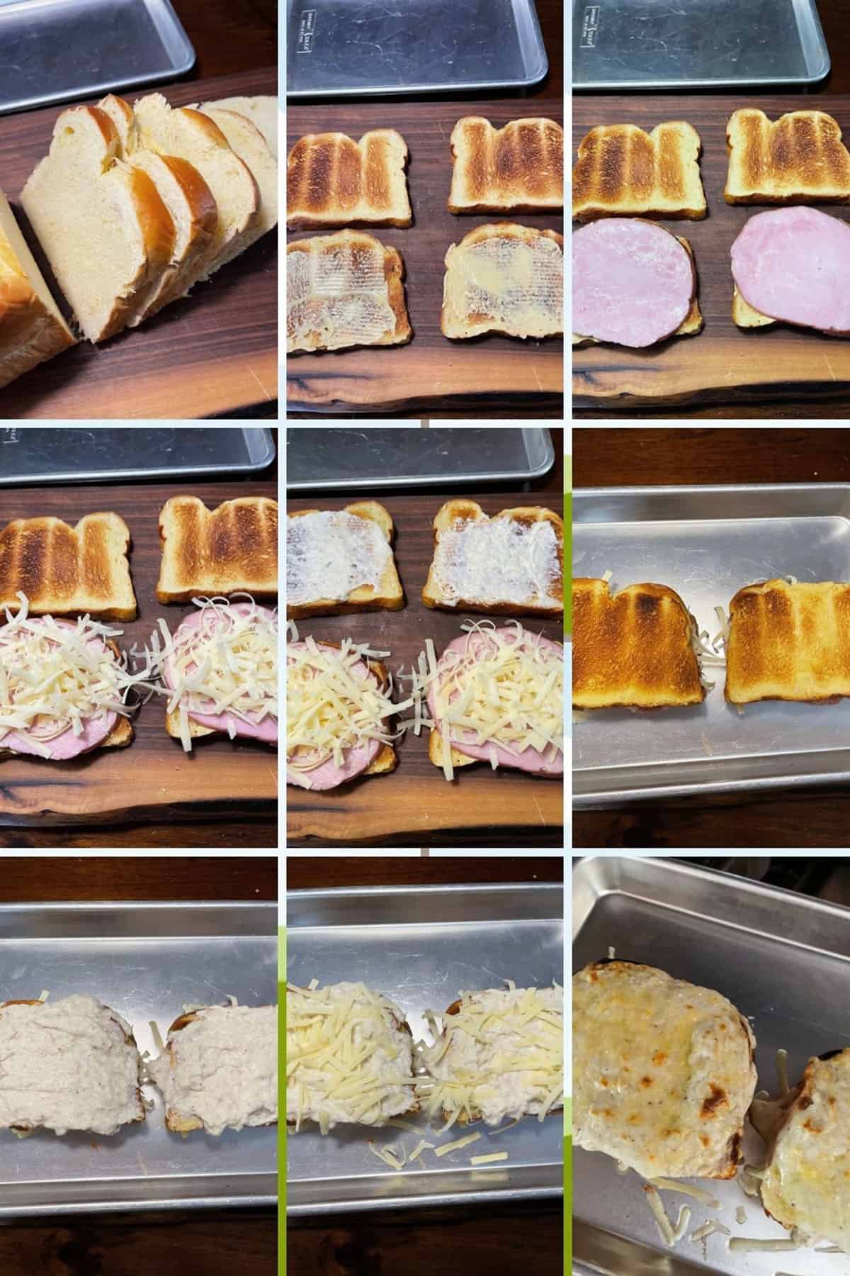 photo collage of steps to make croque monsieur