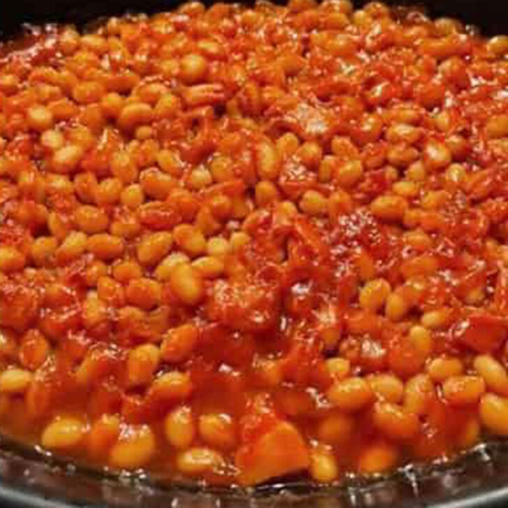 Finished sweet and sassy baked beans in the casserole.