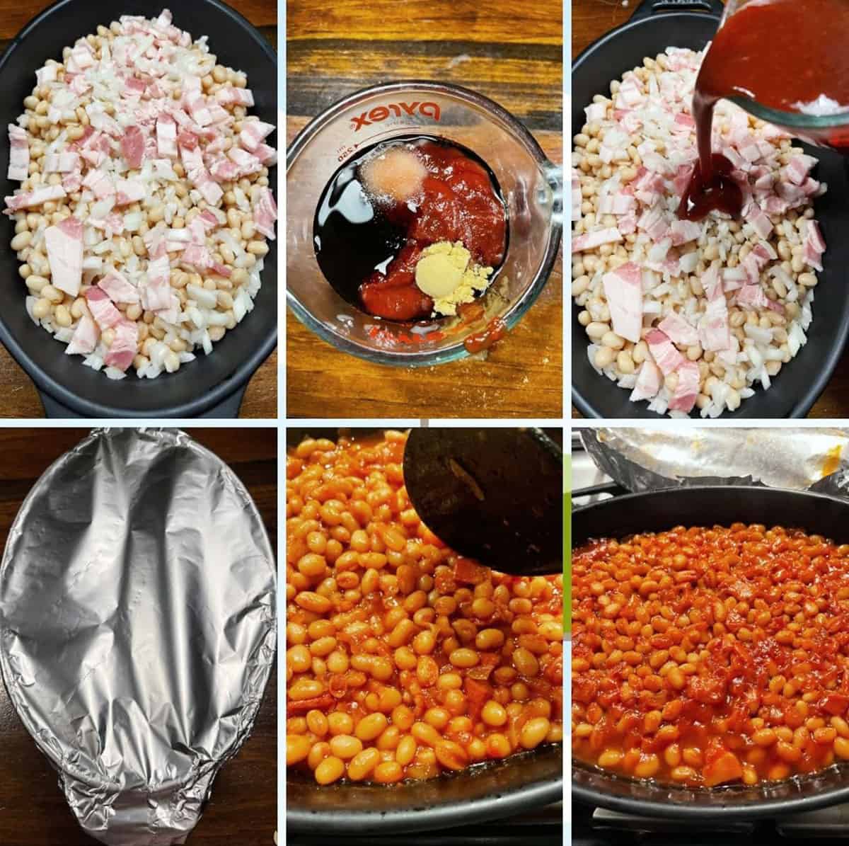 photo collage of steps to make sweet and sassy baked beans