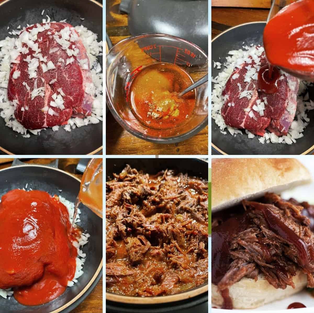 photo collage of steps to make shredded BBQ Beef