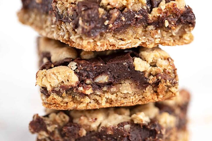 chocolate oatmeal bars cut and stacked