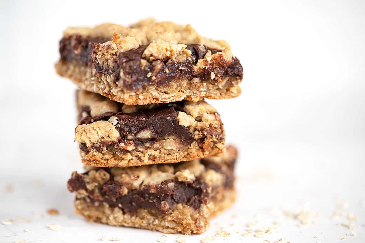 chocolate oatmeal bars cut and stacked