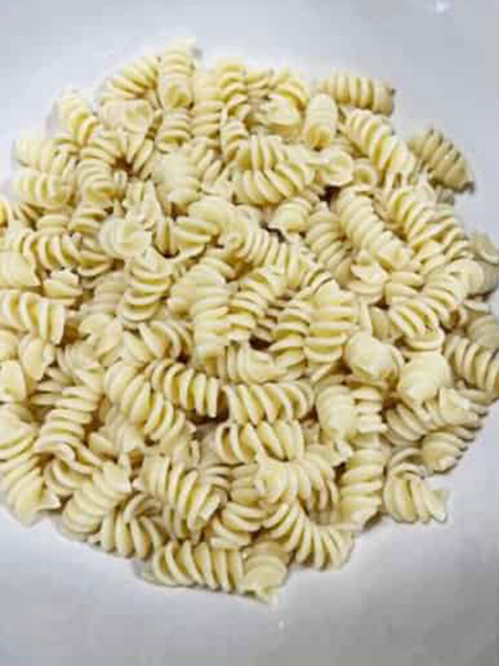Cooked pasta in a large bowl.
