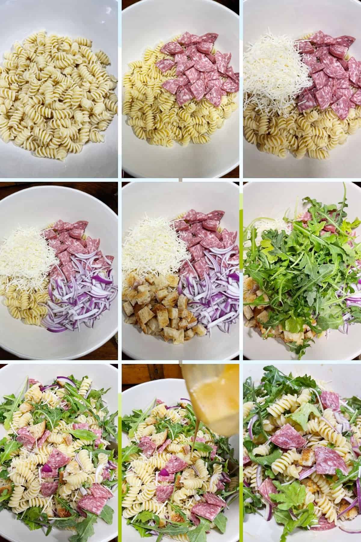 photo collage of steps to assemble salami pasta salad