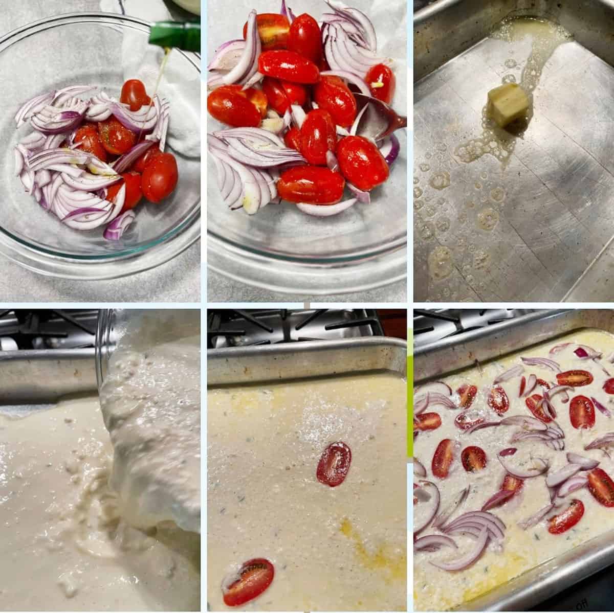 photo collage of steps to make tomato feta Dutch Baby 2