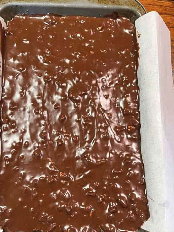 Chocolate layer after spreading evenly.