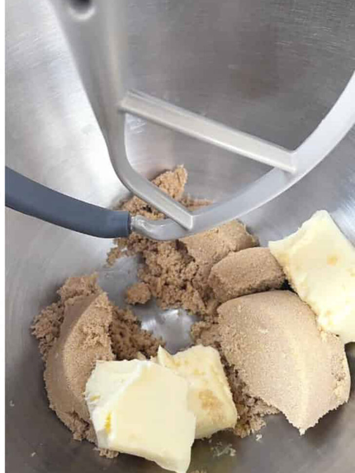 Butter and brown sugar in the mixing bowl.