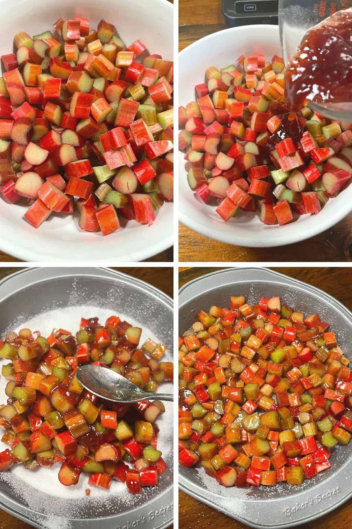 photo collage of steps to make upside down rhubarb cake 2