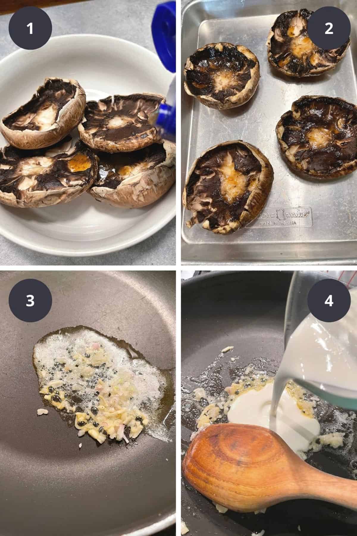 photo collage of steps to make stuffed portobello mushrooms 1