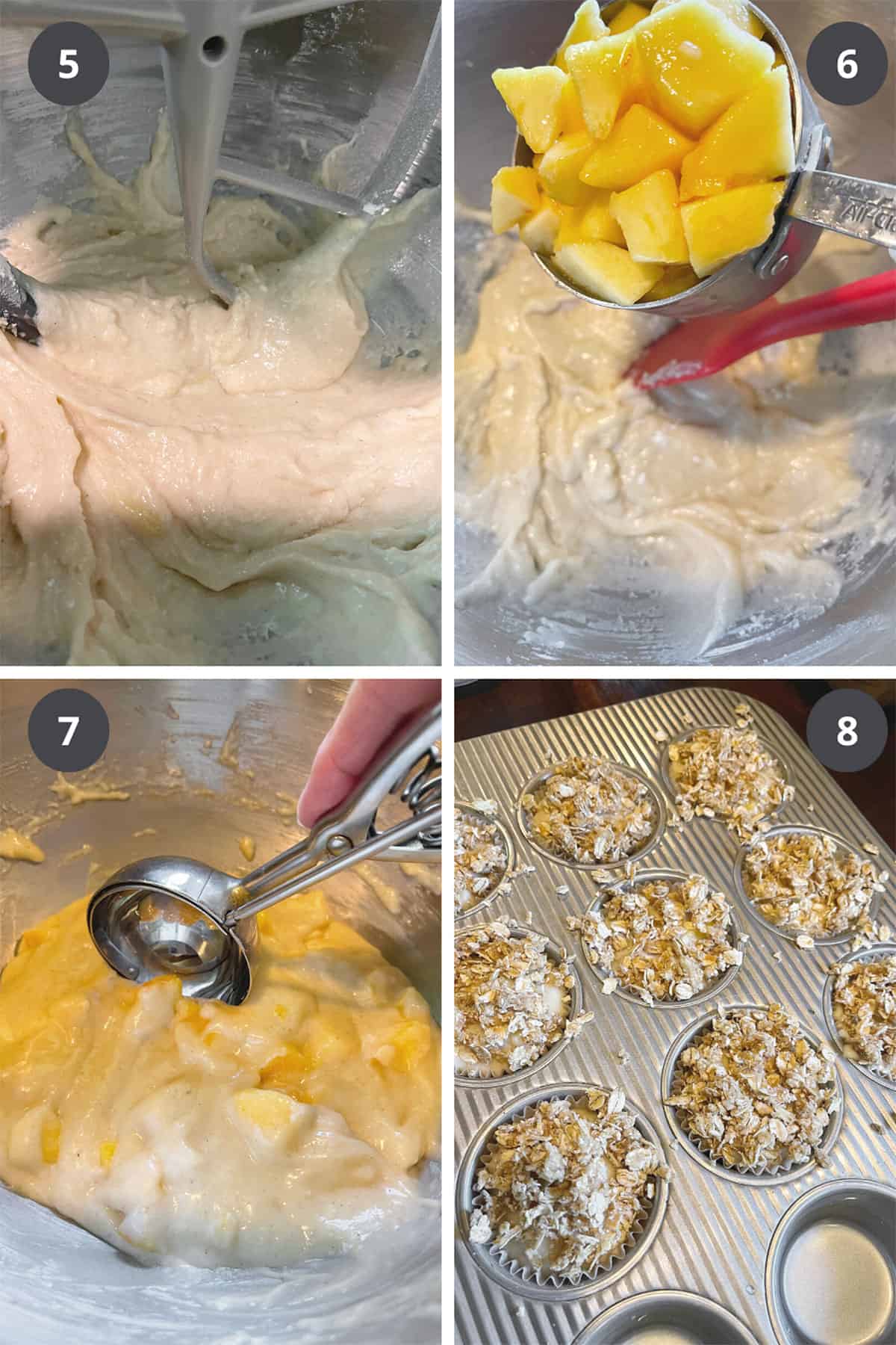 photo collage of steps to make peach crisp muffins 2
