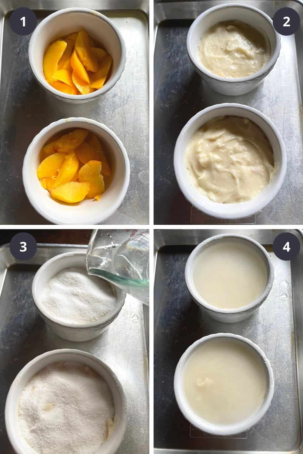 photo collage of steps to make peach pudding cake