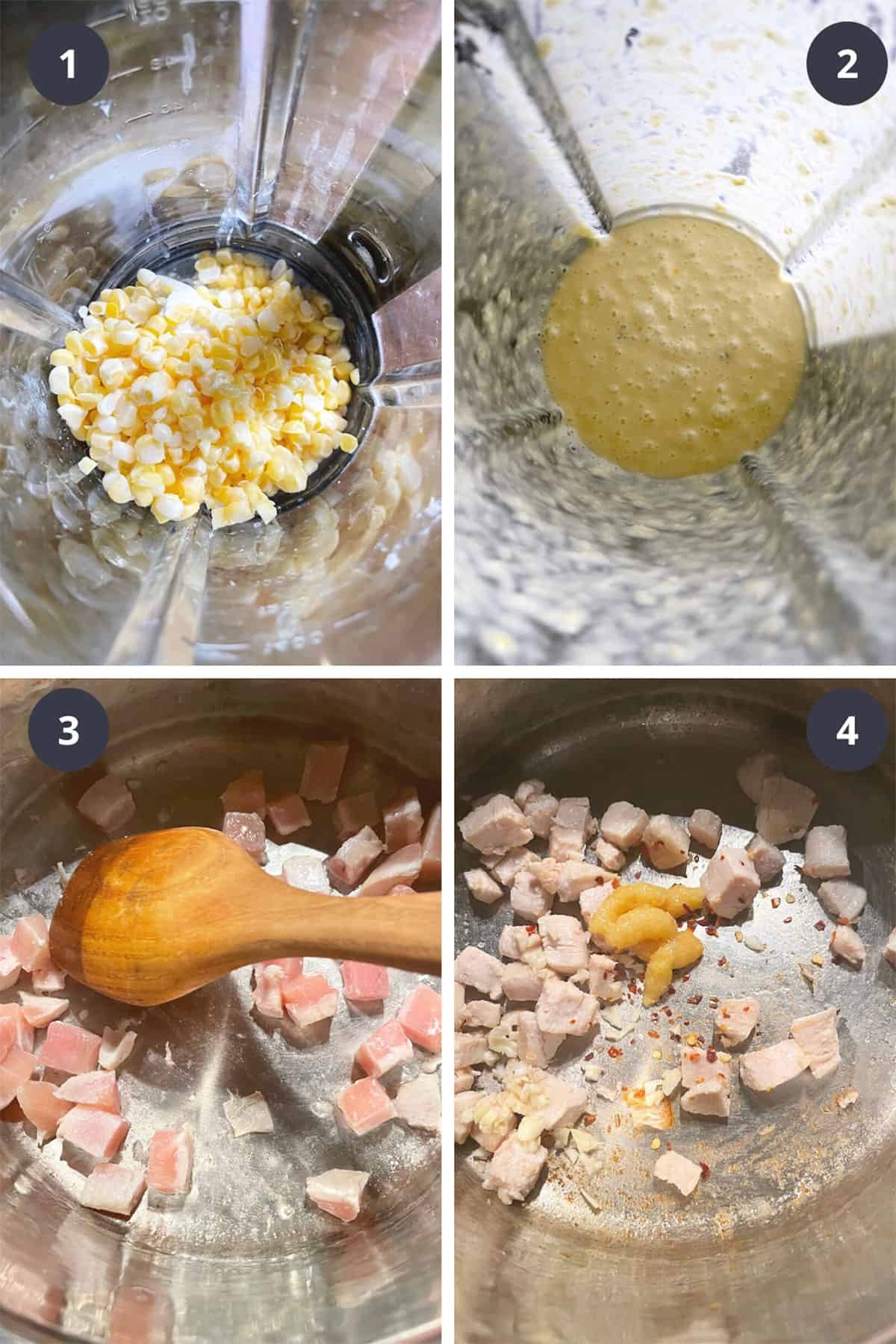 photo collage of steps to make Chicken Corn and Coconut Soup 1