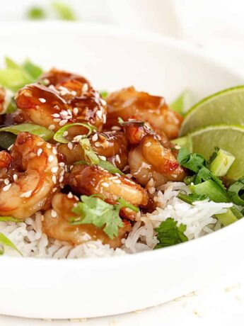 honey garlic shrimp in bowl with rice