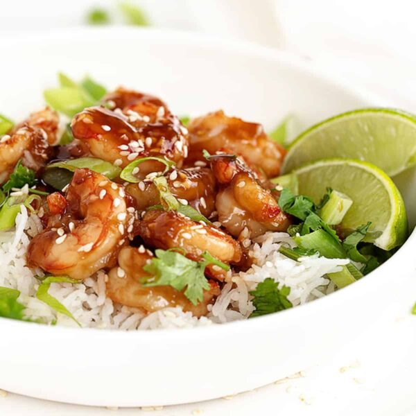 honey garlic shrimp in bowl with rice