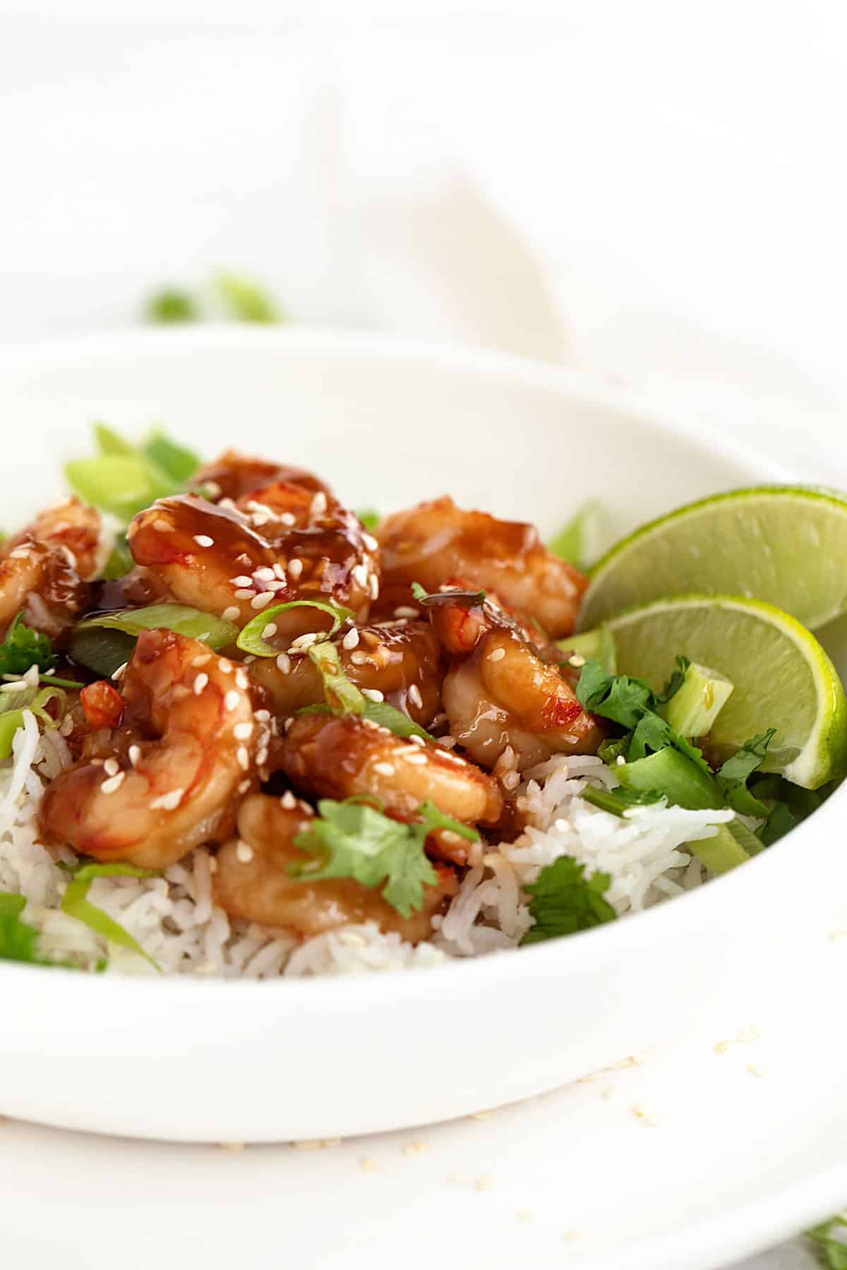 honey garlic shrimp in bowl with rice