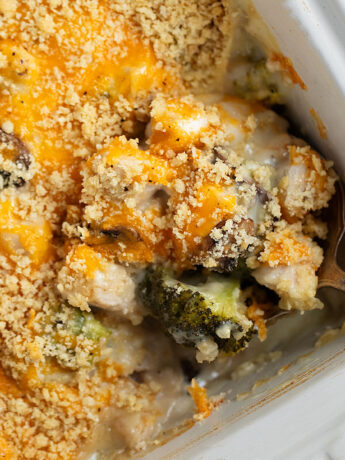 chicken divan in casserole dish with spoon