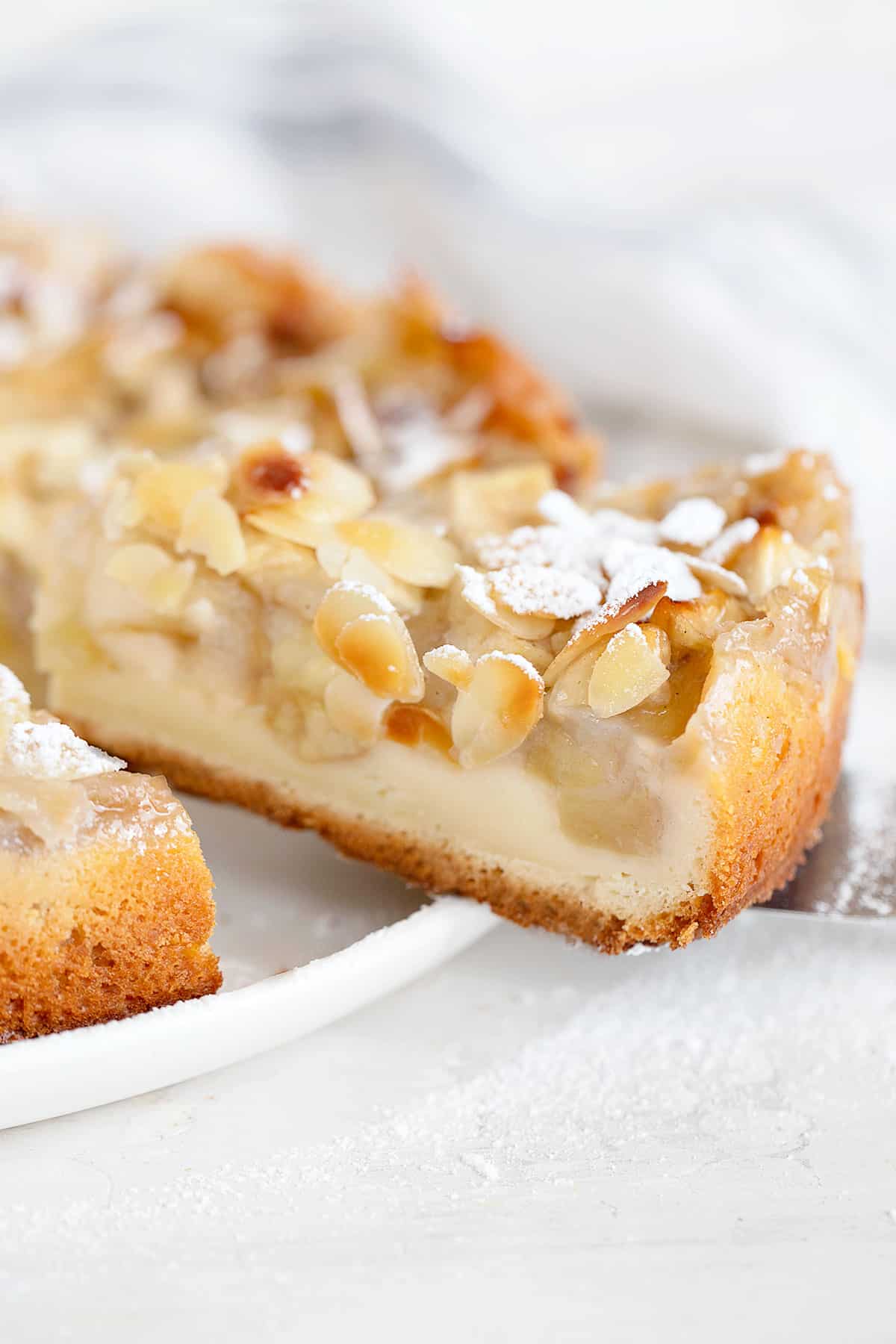 French apple cake sliced from overhead