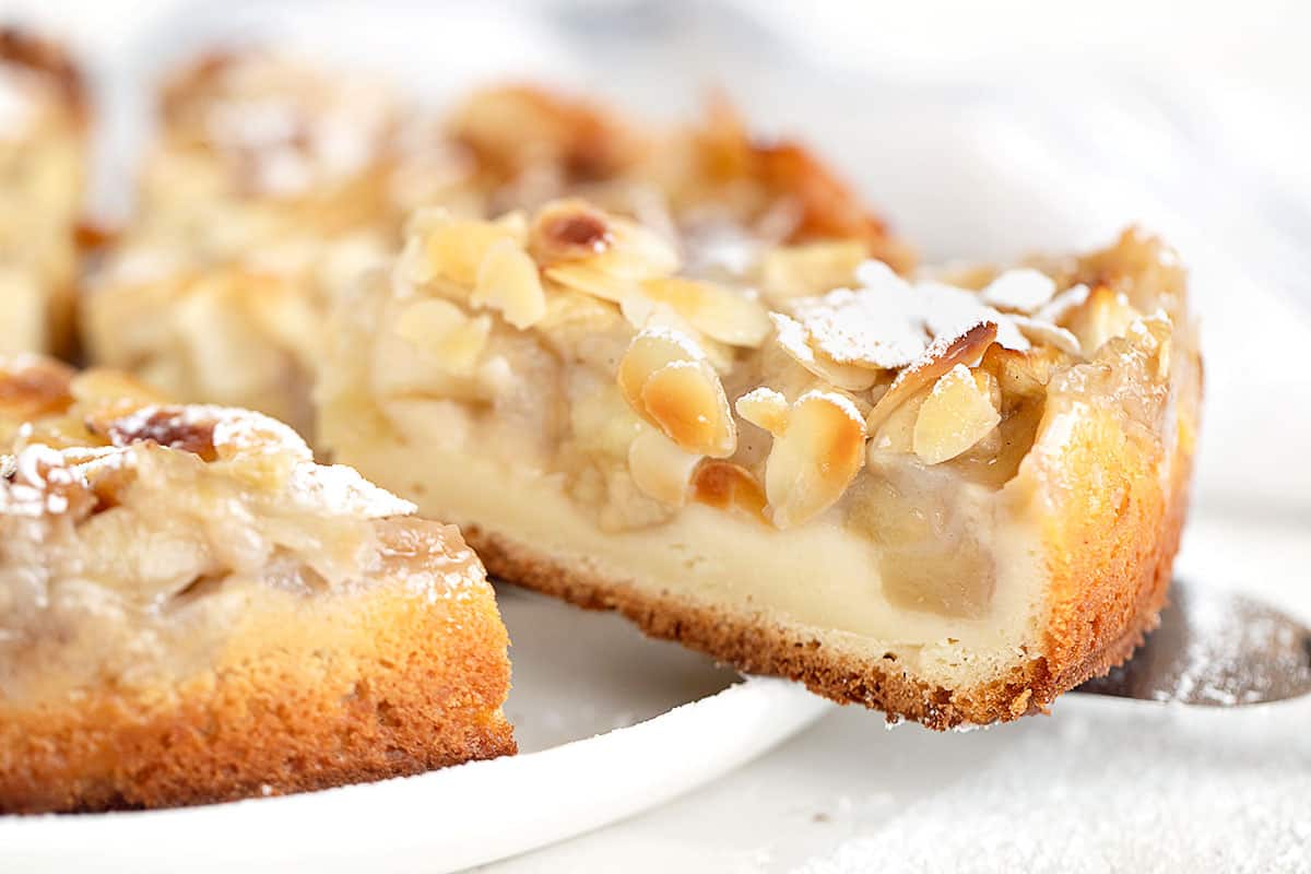 French apple cake sliced from overhead