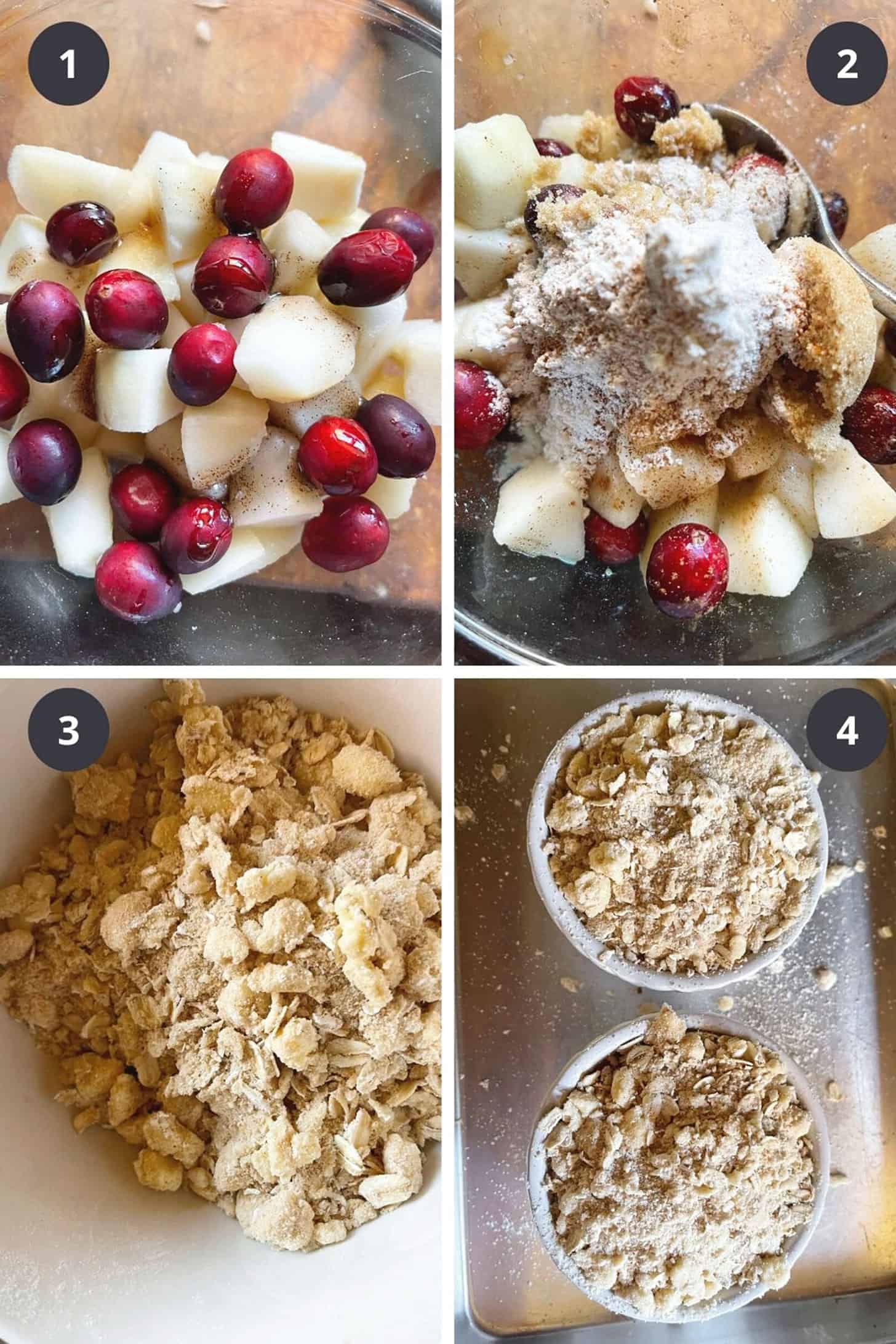 photo collage of step to make cranberry pear crisp