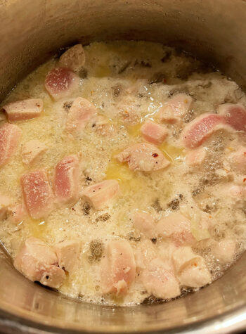 chicken and onion simmering in a bit of broth