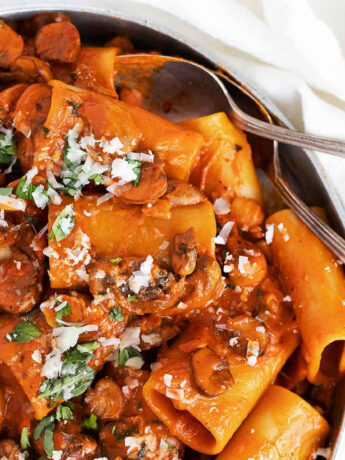 pasta with mushroom ragu on serving dish