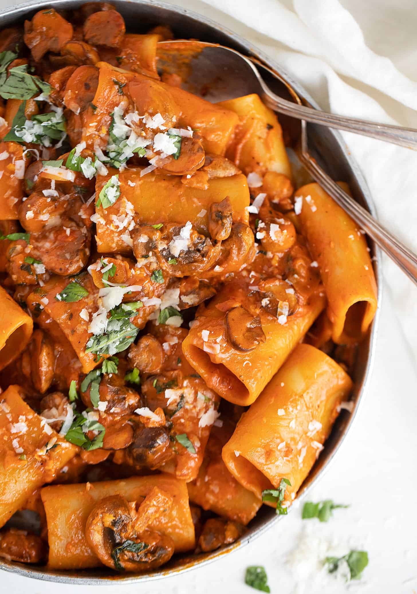 pasta with mushroom ragu on serving platter