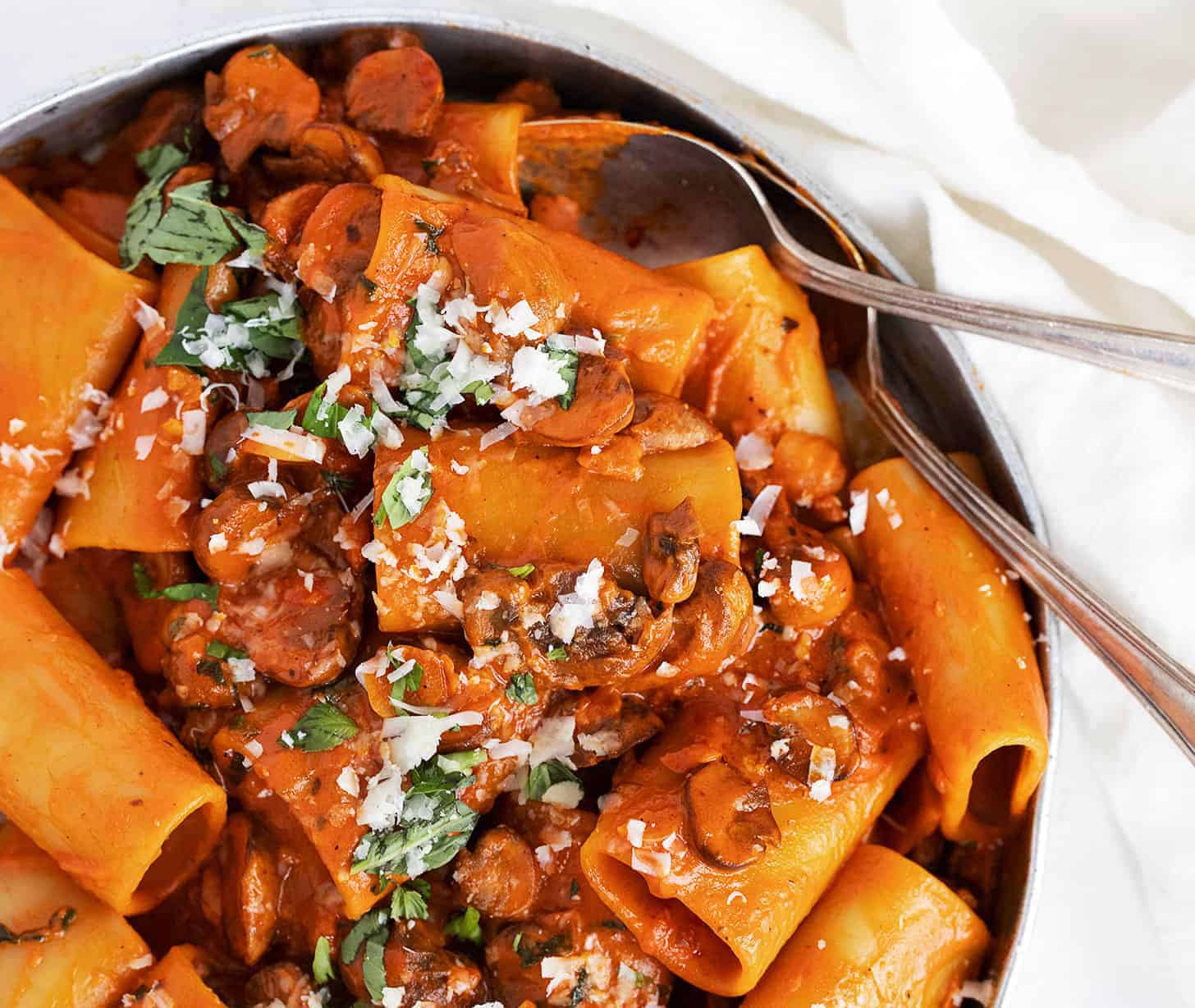 pasta with mushroom ragu on serving dish