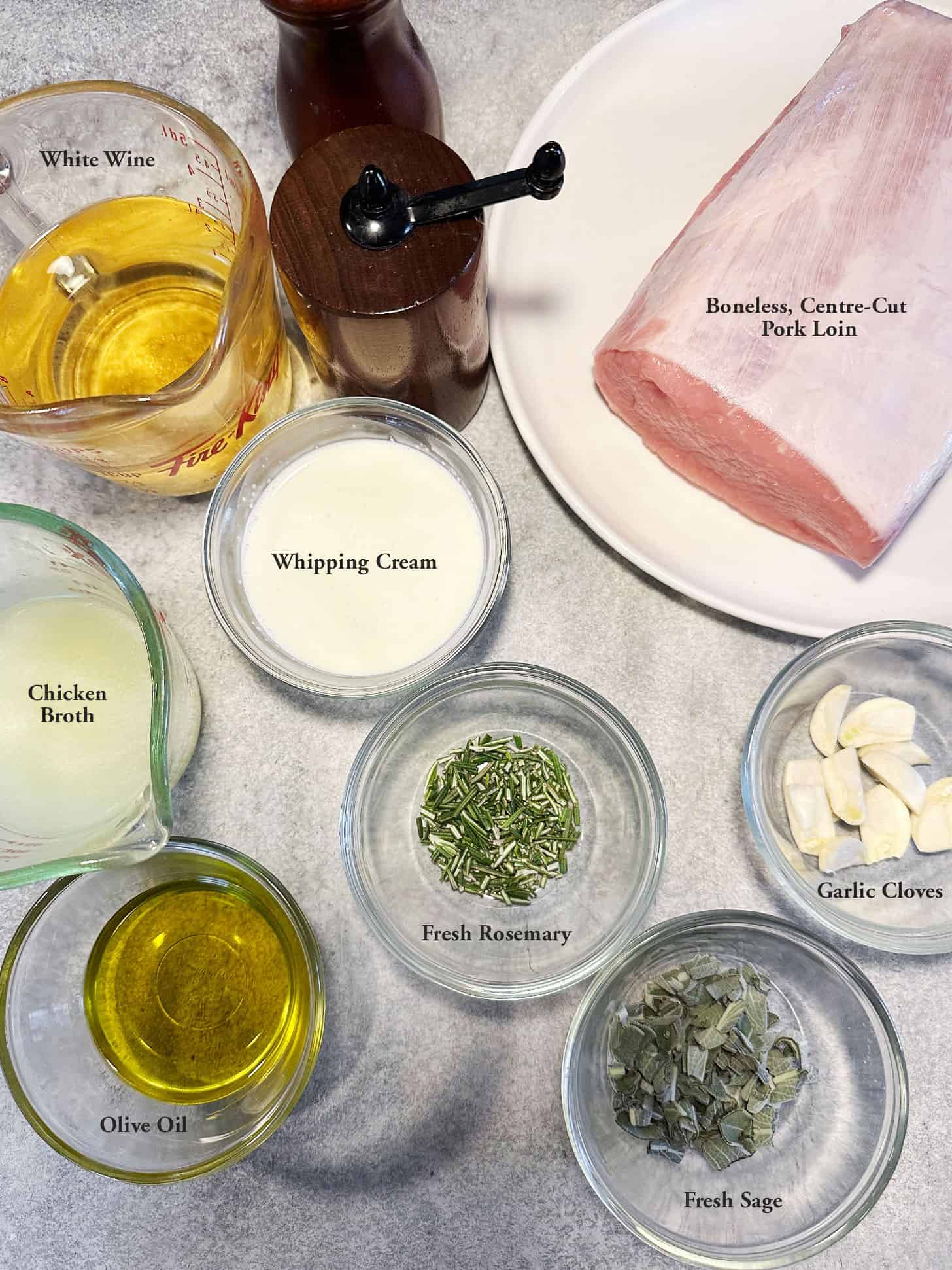layout of ingredients for pork loin with wine herb gravy