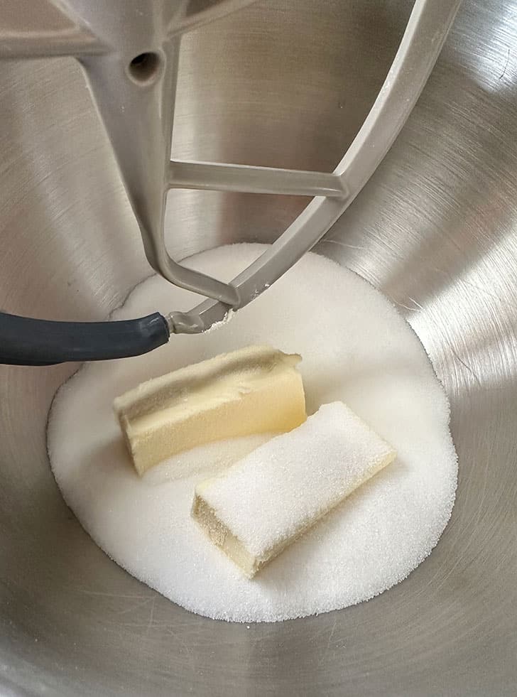 Butter and sugar in mixer bowl
