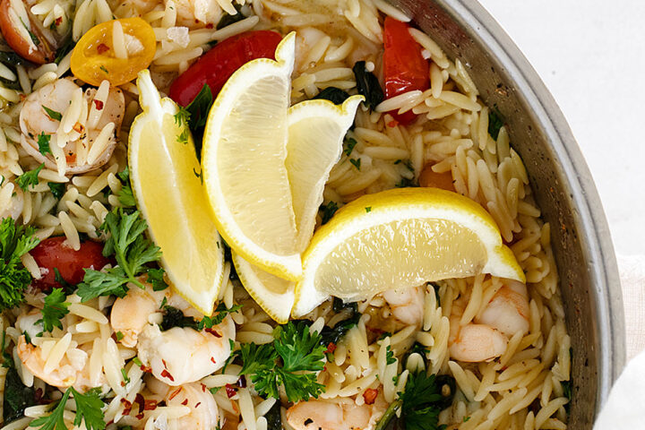 one-pan orzo with shrimp in pan